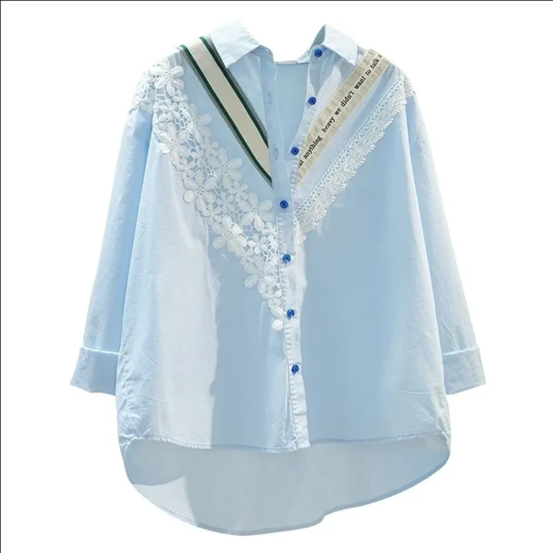 

Весенне-осенняя модная свободная блузка большого размера с кружевом и цветочным узором, с длинным рукавом, элегантная повседневная женская одежда