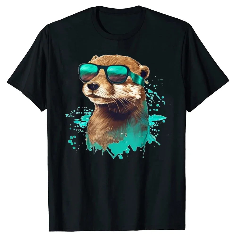 Funny Looking Otter with Sunglasses T Shirts Tee Tops Round Neck Short-Sleeve Fashion Tshirt Clothing Casual Basic T-shirts