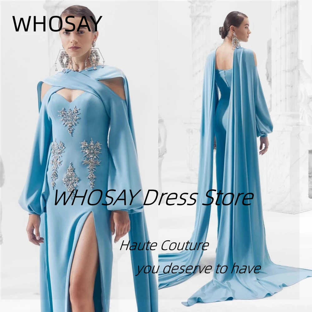 

WHOSAY Haute Couture High Side Slit Evening Dresses Customized Beaded Long Sleeves Prom Dress with Shoulder Flutters Formal Gown