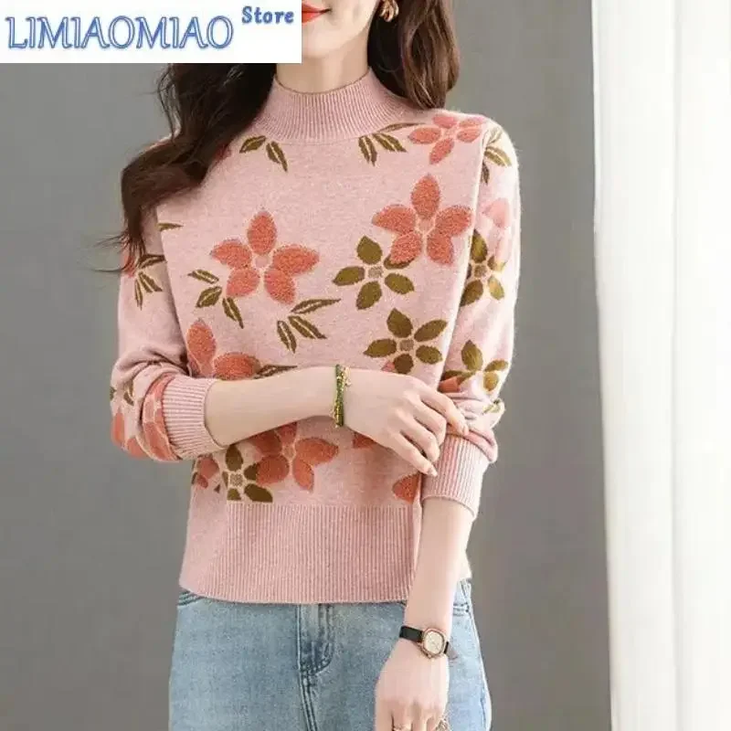 

Women's Clothing Autumn Winter Crew Neck Plant&Flowers Pullover Long Sleeve Sweater Knitted Contrast Color All-match Tops