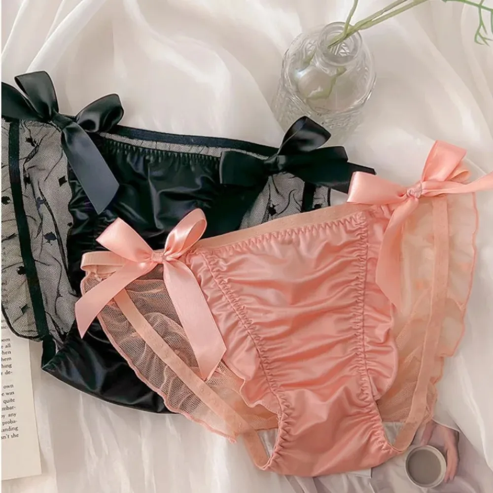 Ribbon Bow Mesh Ruffle Satin Silk Bow Briefs Low Waist Underpants Women's Lace Mesh Bowknot Panties Thin French Style Girl