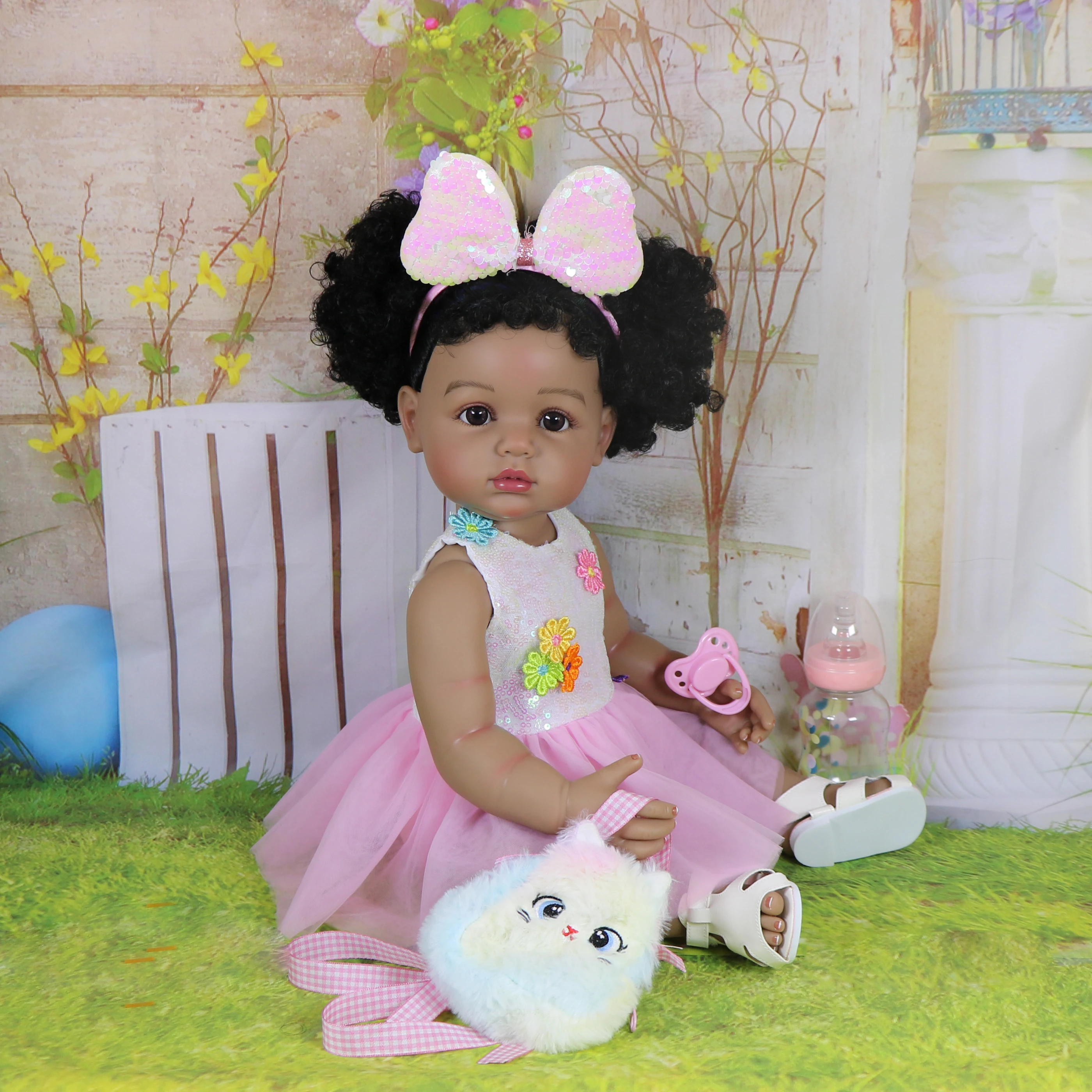 

Realistic Reborn Toddler Doll-22 inch Froggy Girl with Red Rooted hair African American Toddler Girl Dolls ,Dark Brown Skin Real