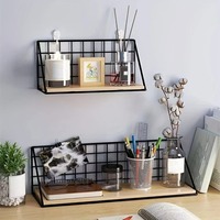 1Pcs Floating Shelves Wall Mounted Wood Storage Display Shelf with Metal Wire Basket Hanging Rack for Dorm Bedroom Bathroom