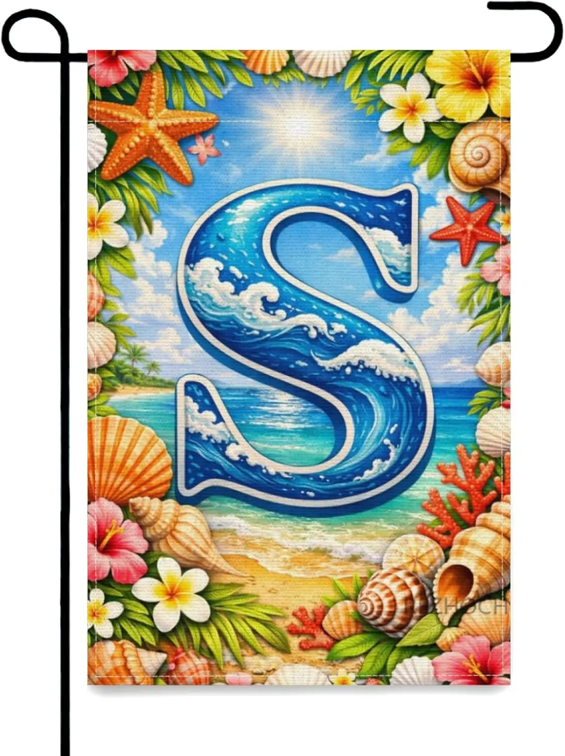 Tropical Beach Monogram Garden Flag 12x18 Inch,Spring Summer Coastal Floral Initial Letter S Flags,Ocean Seashell Starfish P AAM