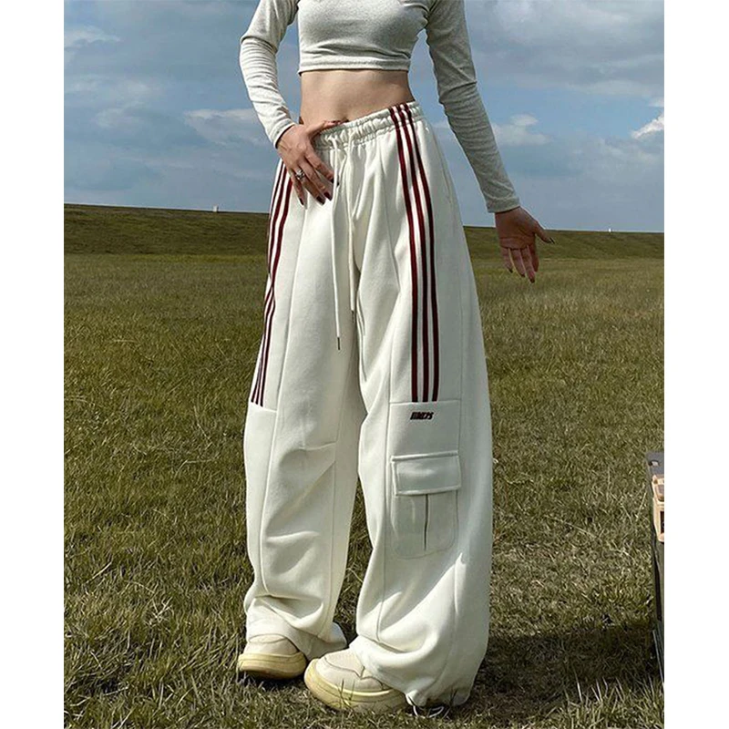 

MEXZT Oversized Striped Sweatpants Women Y2K Streetwear Cargo Pants Harajuku Wide Leg Joggers High Waist Baggy Sports Trousers