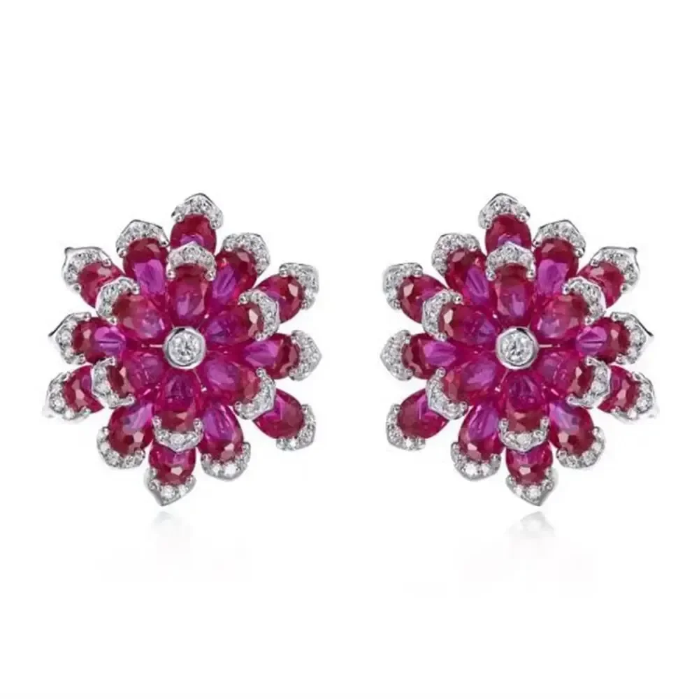 

Luxury 100% 925 Sterling Silver Ruby High Carbon Diamonds Gemstone Flower Ear Studs Earrings Fine Jewelry Wholesale