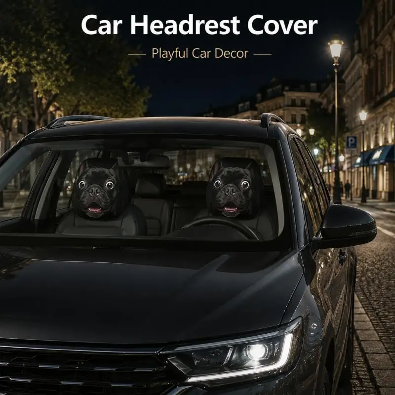 Funny Black French Bulldog Car Headrest Cover, 2D Double-Sided Printed Universal Stretch Car Interior Headrest Decor