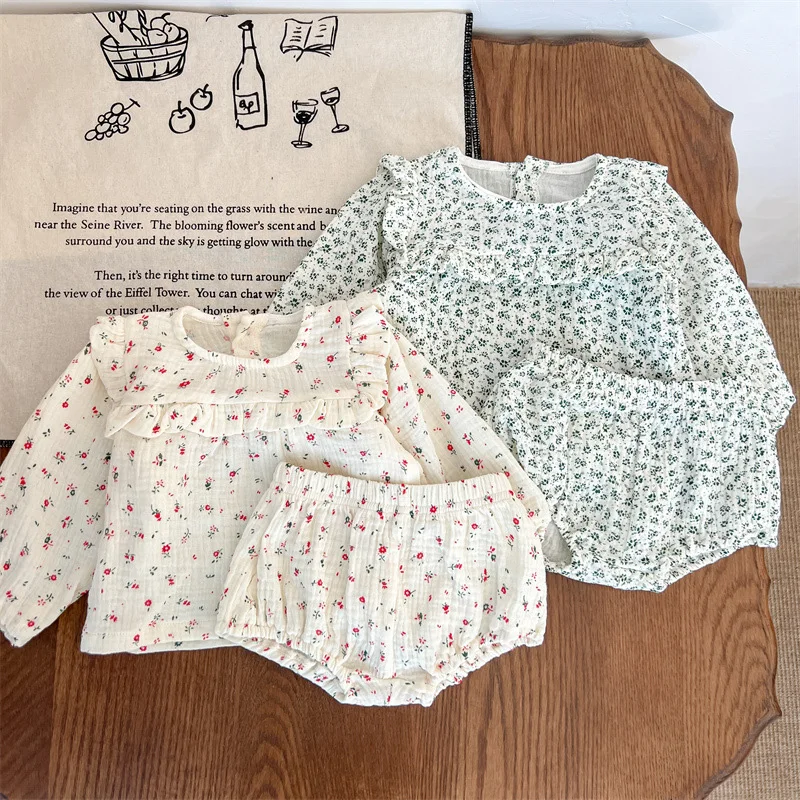 2024 New Spring Infant Baby Girls Clothing Set Long Sleeved Cotton Printed T-shirt+PP Shorts Newborn Baby Girls Clothes Suit