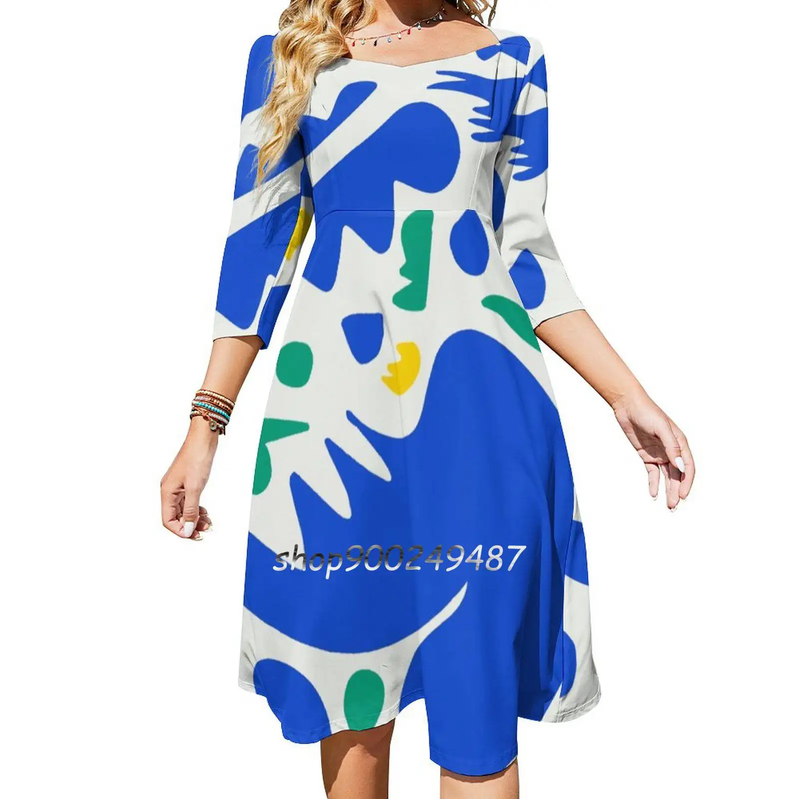 Abstract Blue Life Shapes Pattern Square Neck Dress New Plus Size Elegant Women Waist Tight Dress Abstract Blue Pattern Matisse