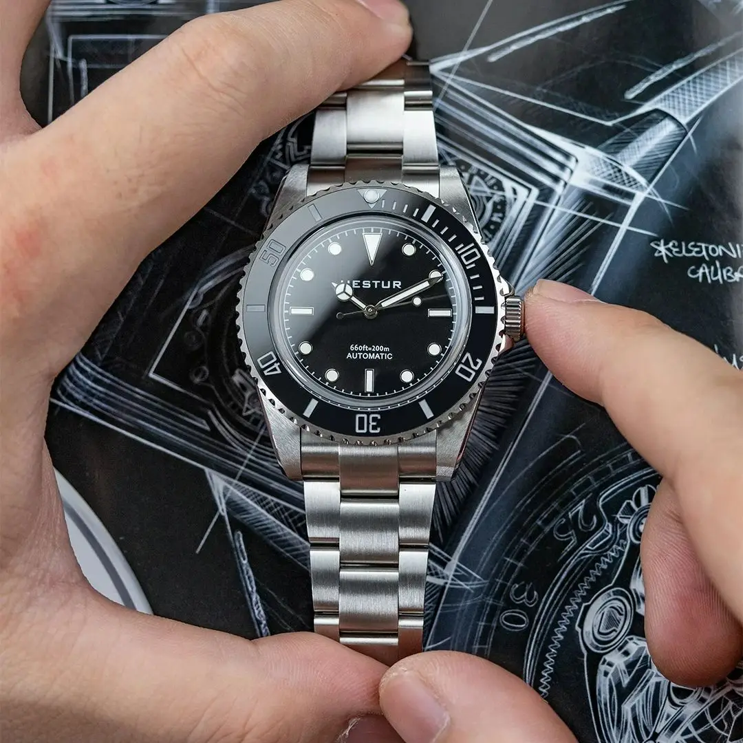 Hestur Black Diver Watches 40mm Men's Wrist Watch 5517 Milsub Vintage 20bar Automatic Mechanical Luxury Sapphire, Ceramic Bezel
