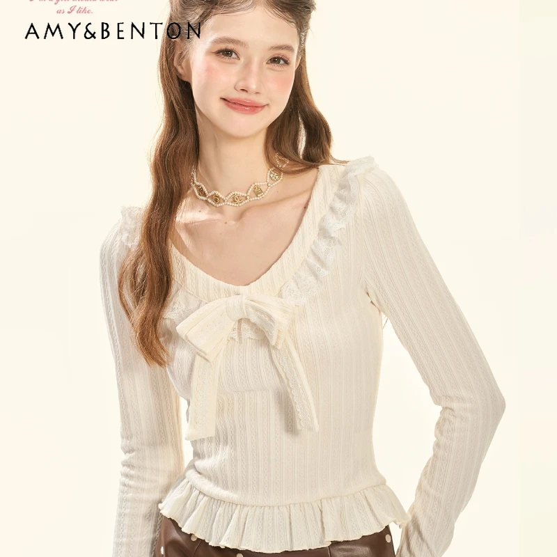 

French Design White Cute Bow Women's Bottoming Shirt 2025 Autumn Winter New Ruffled Sweet Versatile Knitted T-Shirts Top Ladies