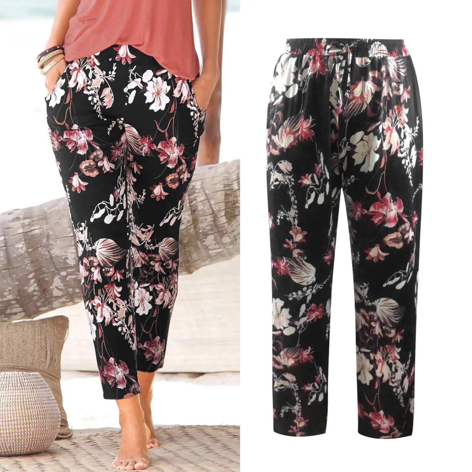 

Bohemian Baggy Harem Pants Women Causal Floral Print Loose Trousers Female Vintage Pockets Beach Trousers Boho Long Pants