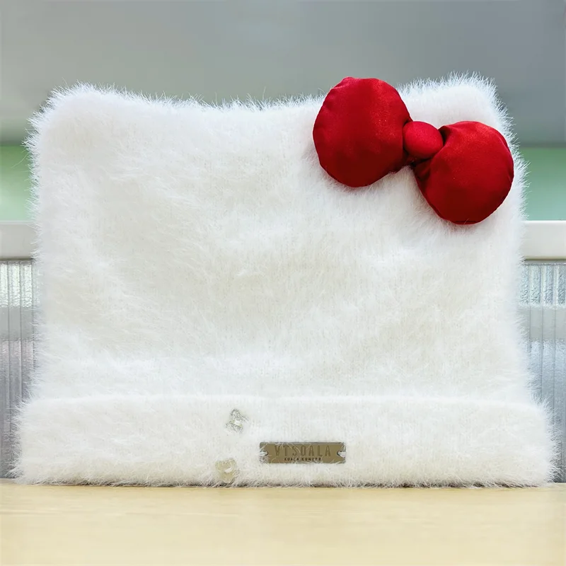 

Down-Filled Cat Ear Knit Hat, Simple Series with Bow Detail, Warm Winter Beanie for Women, Cute Ribbon Fleece Lined Cap