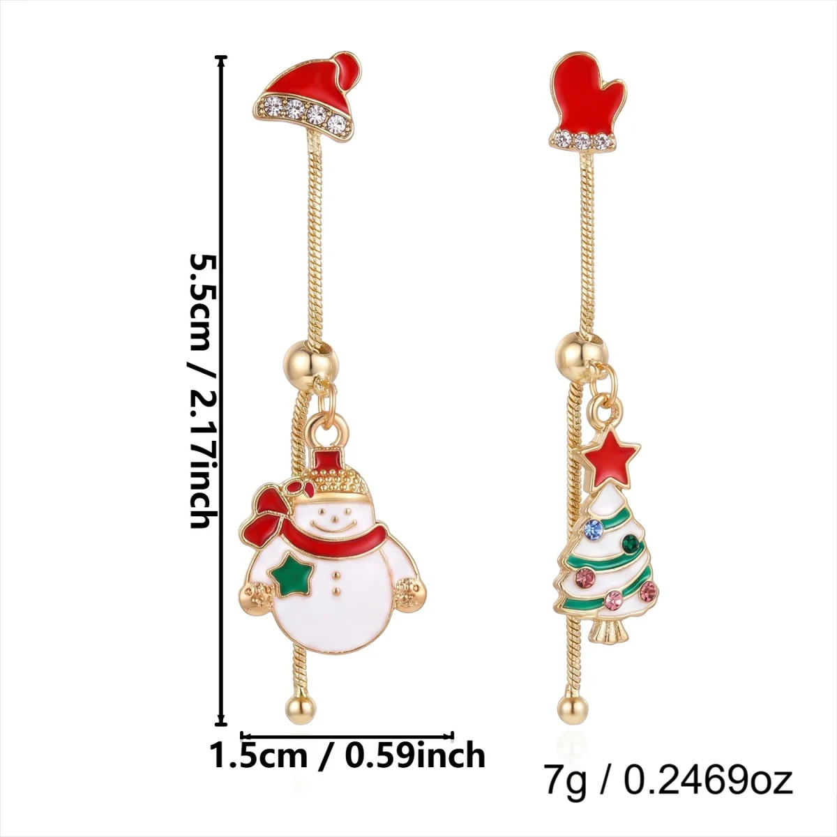 Weihnachts-Kletter-Set: Weihnachtsmann-Mütze, Handschuhe, Quasten-Ohrringe für Damen, asymmetrische Weihnachtsbaum- und Schneemann-Ohrringe, Schmuck. – Detail 3