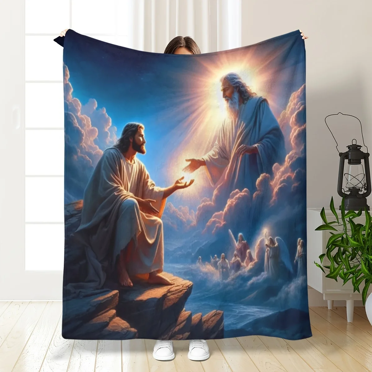 

Soft flannel blanket with Jesus and God print - Inspired religious design, warm polyester shawl for home, office or outdoor use
