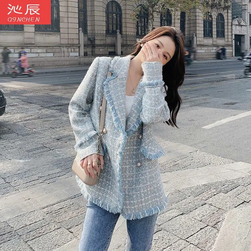 French Blue Lapel Small Fragrant Blazer Women's Autumn New Temperament Socialite Small Thousand Bird Suit Wool Coat Blue Pink