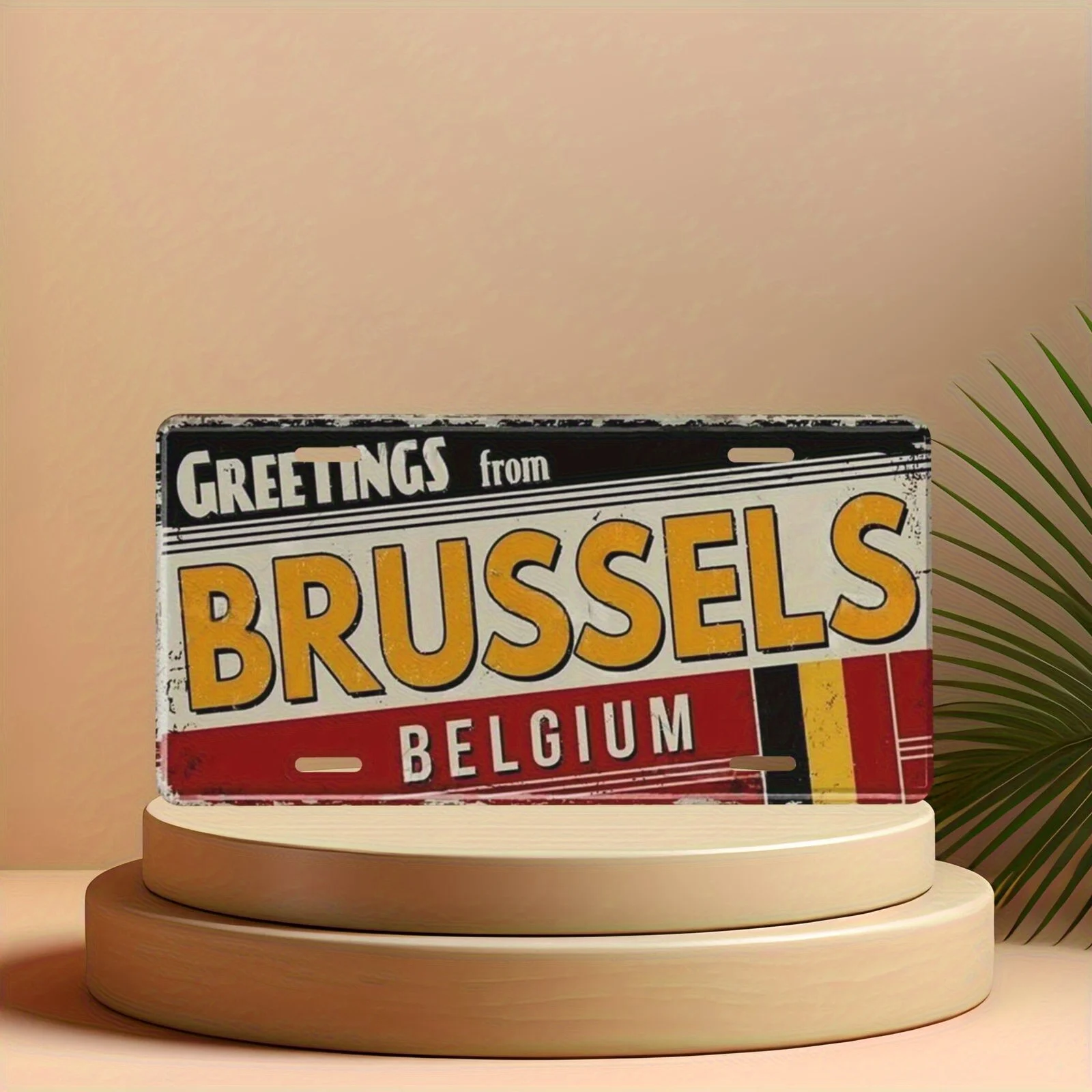 2D Flat Vintage License Plate from Brussels (Belgium) - Retro Aluminum Car Decoration with Yellow Letters And Red/Striped Des