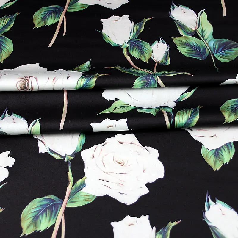 Summer Thin Perspective Chiffon Fabric Brand Fashion Design Polyester Satin Rose Print Fabric Cloth for Dress Per Meter Diy Sew