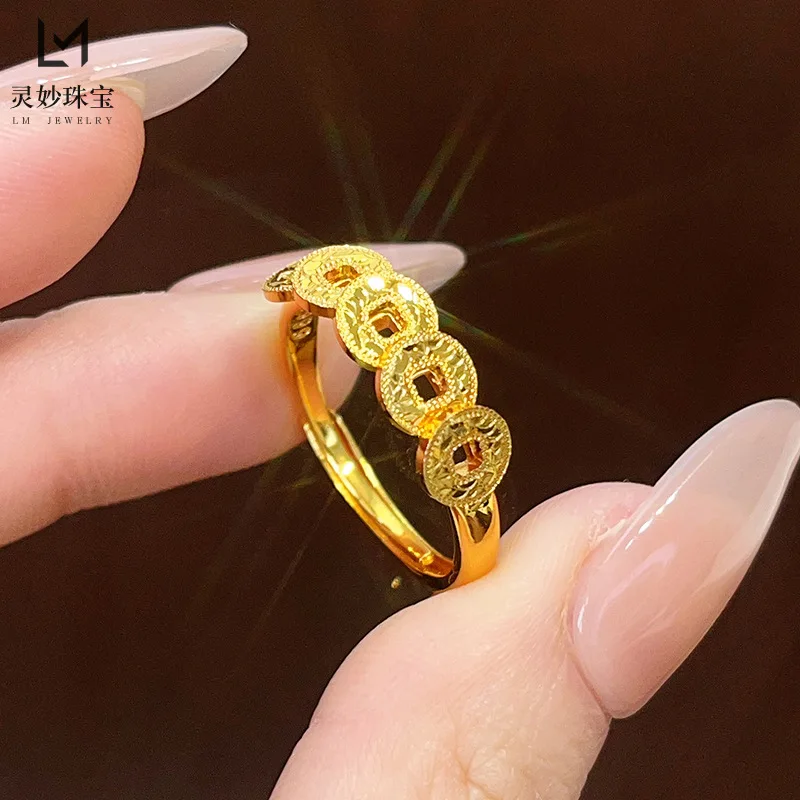 

Роскошные ювелирные изделия из настоящего золота 9999 24 карата, кольцо с пятью императорами и деньгами, полое кольцо, темперамент, универсальный подарок для подруги