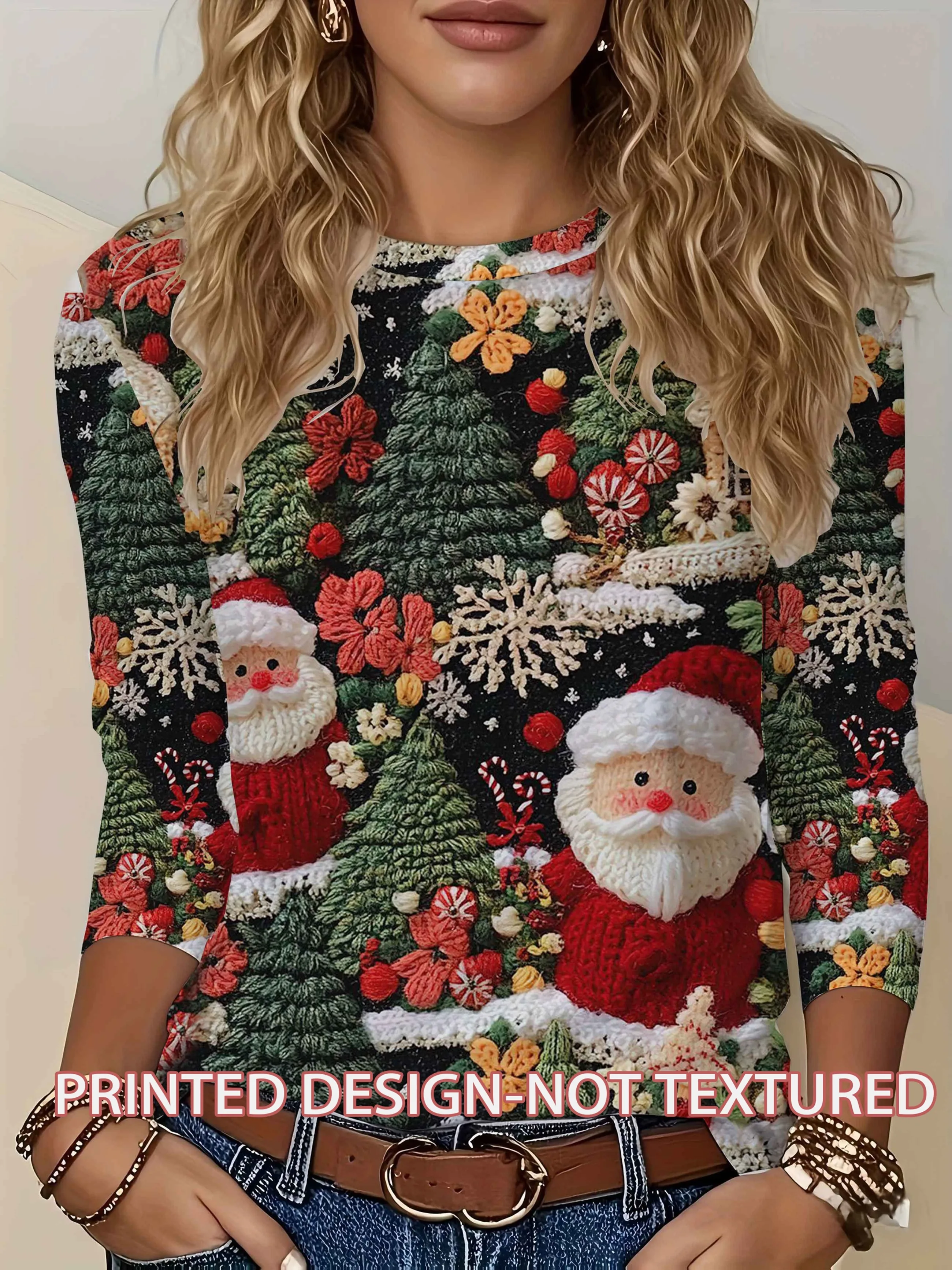 Women Round Neck Long Sleeve T‑Shirt Knit‑Style Santa Claus Christmas Tree Full Print Holiday Casual Party Top Women's Clothes