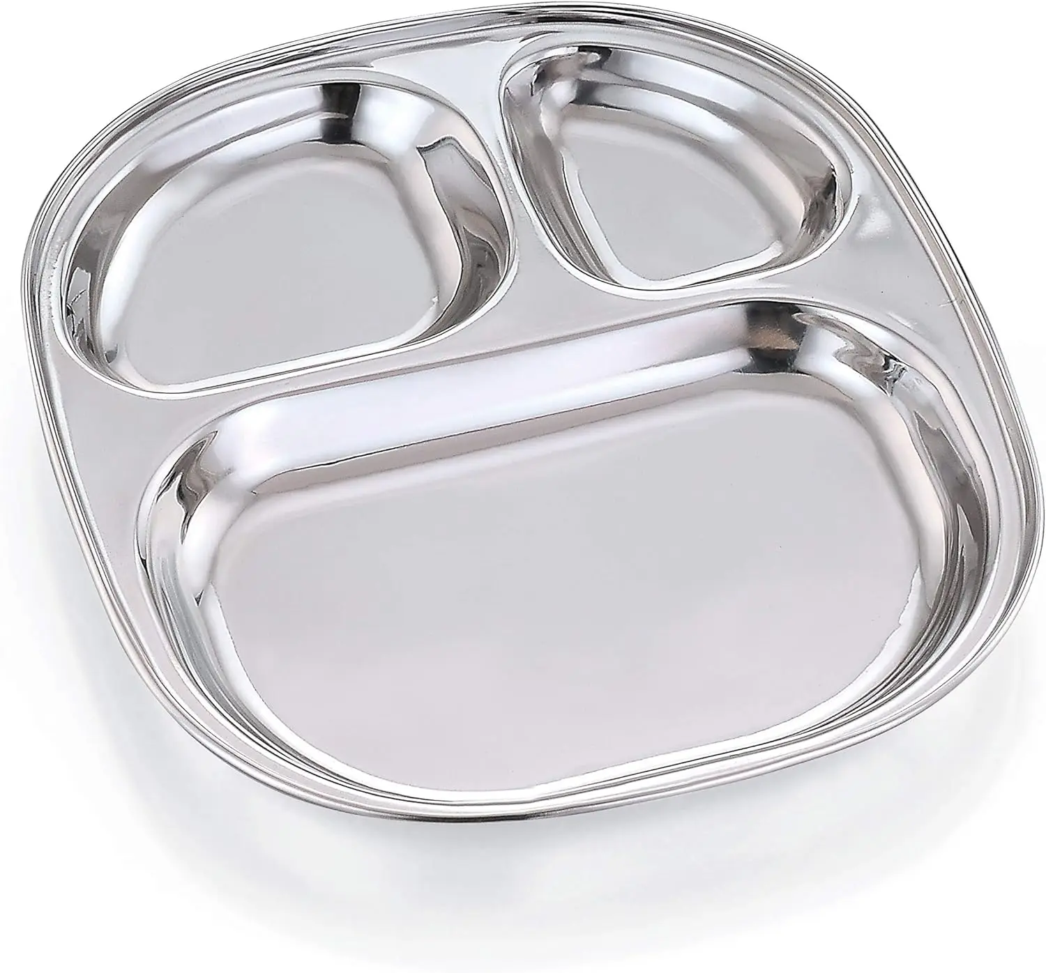 Heavy Duty Stainless Steel Oval Plate with 3 Sections Divided Mess Trays for Kids Lunch, Camping, Events Set of 6 Pcs