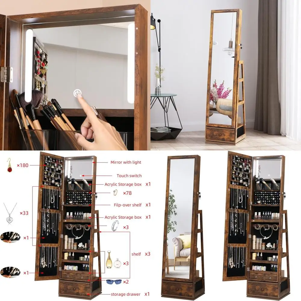 

Rustic Brown Standing Jewelry Armoire with Full-Length Mirror and 3 Lockable Drawers