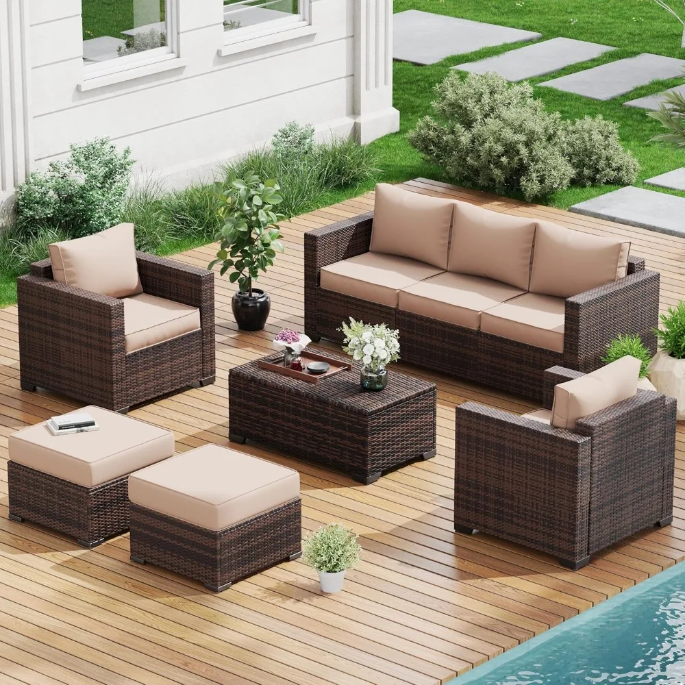 

Patio Furniture Set, Outdoor Patio Furniture Wicker Rattan Sofa, Outdoor Sectional Set with Ottomans, Set for Backyard (Khaki)