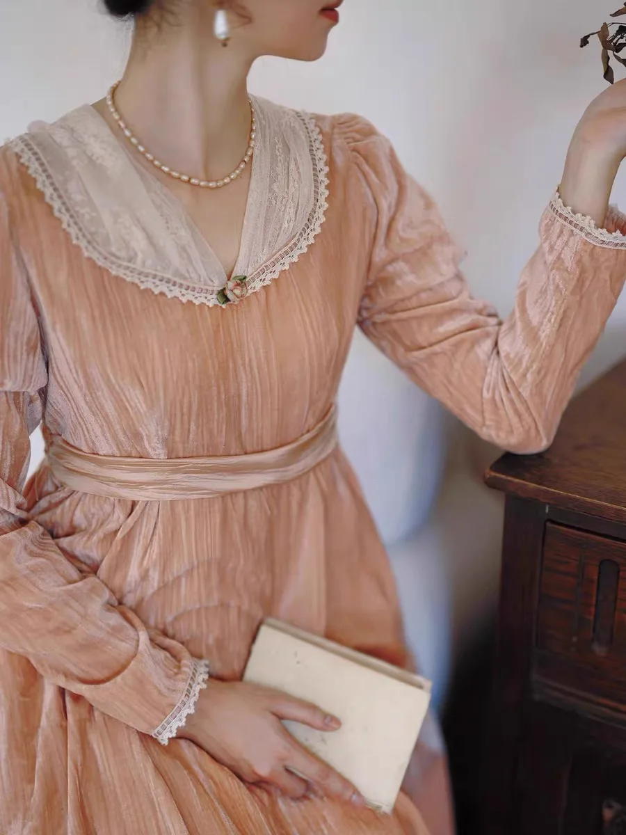 84-96cm Bust Spring Autumn Women Romantic Prairie Style Lace Patchwork Floral Embroidered Velvet Pink Dresses