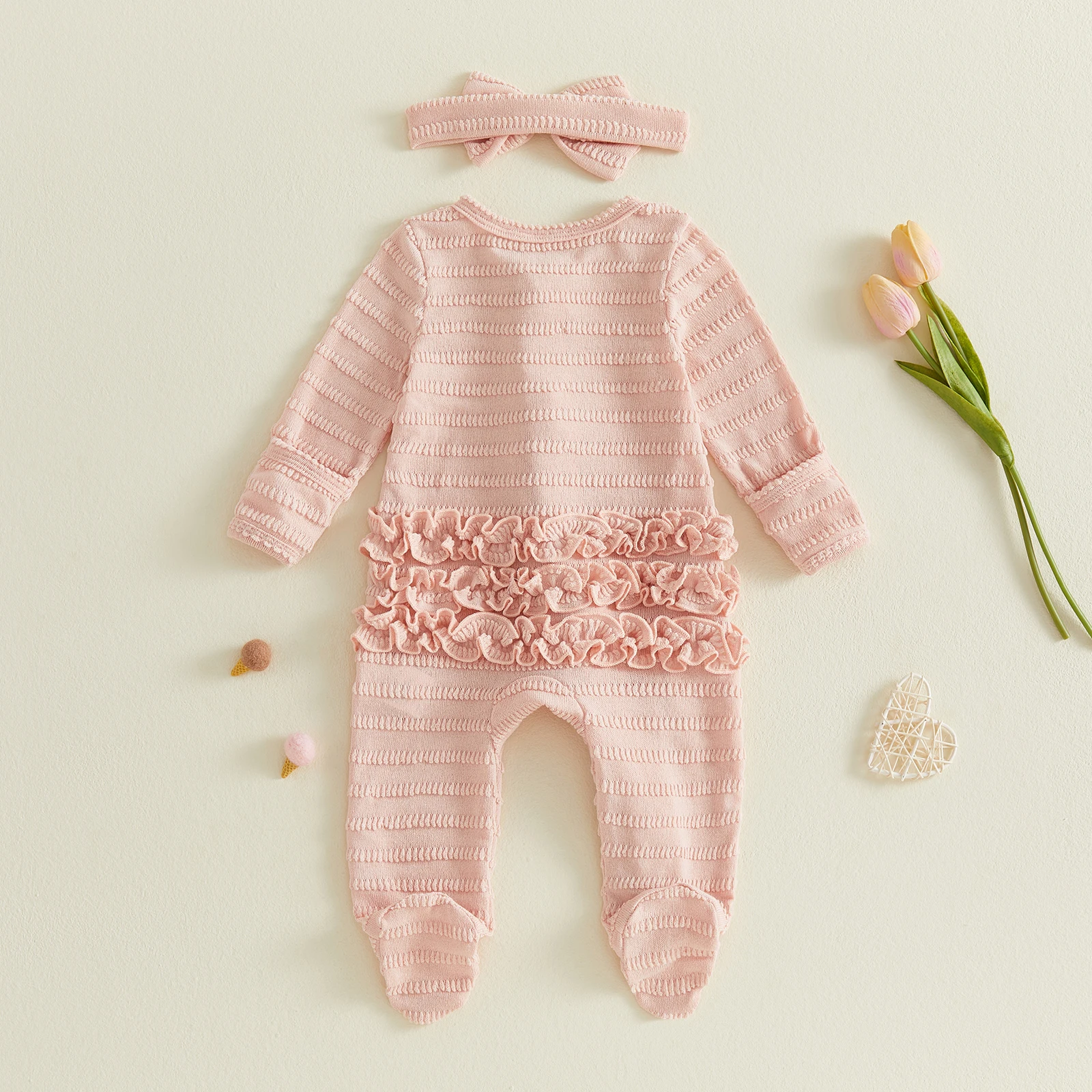Newborn Girl Fall Ruffles Romper Solid Jacquard Long Sleeve Footed Jumpsuits Headband Soft Baby Autumn Clothes