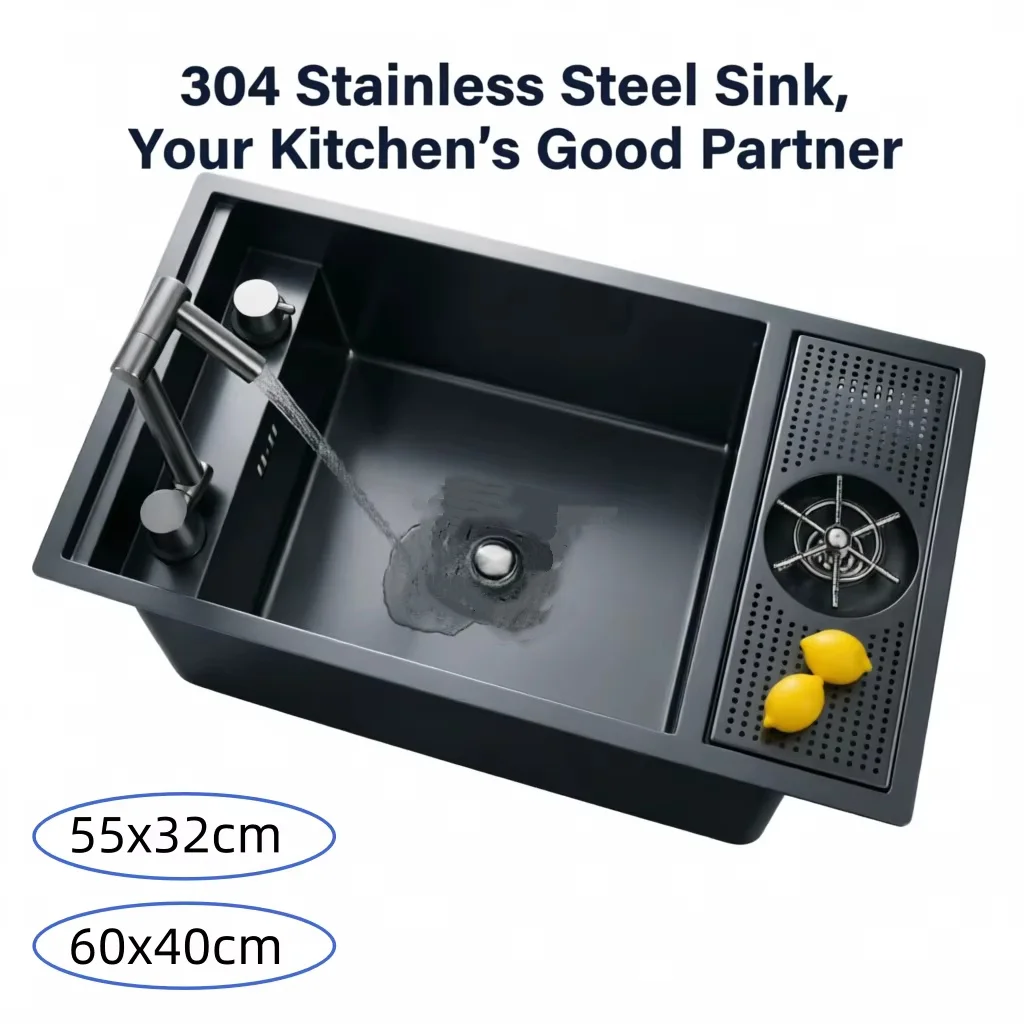 Évier de cuisine en acier inoxydable 304 dissimulé avec robinet pliable, évier sous plan nano avec robinet repliable moderne pour petits espaces et VR