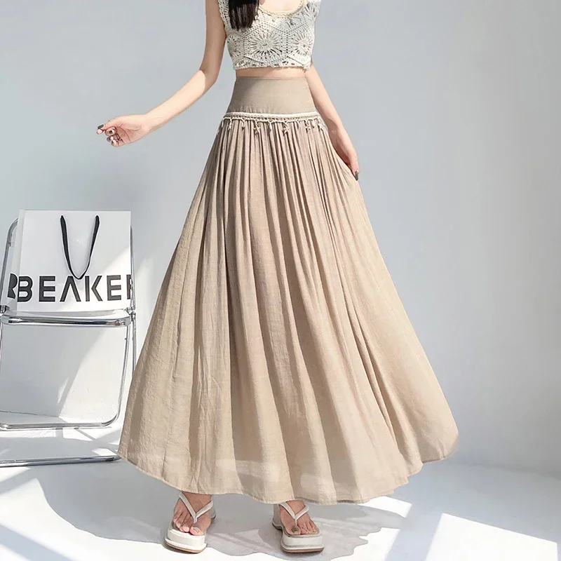

High Quality Elegant Linen Midi Skirt Women Vintage Boho Black Pleated Skirts Women High Waist Casual A Line Skirts