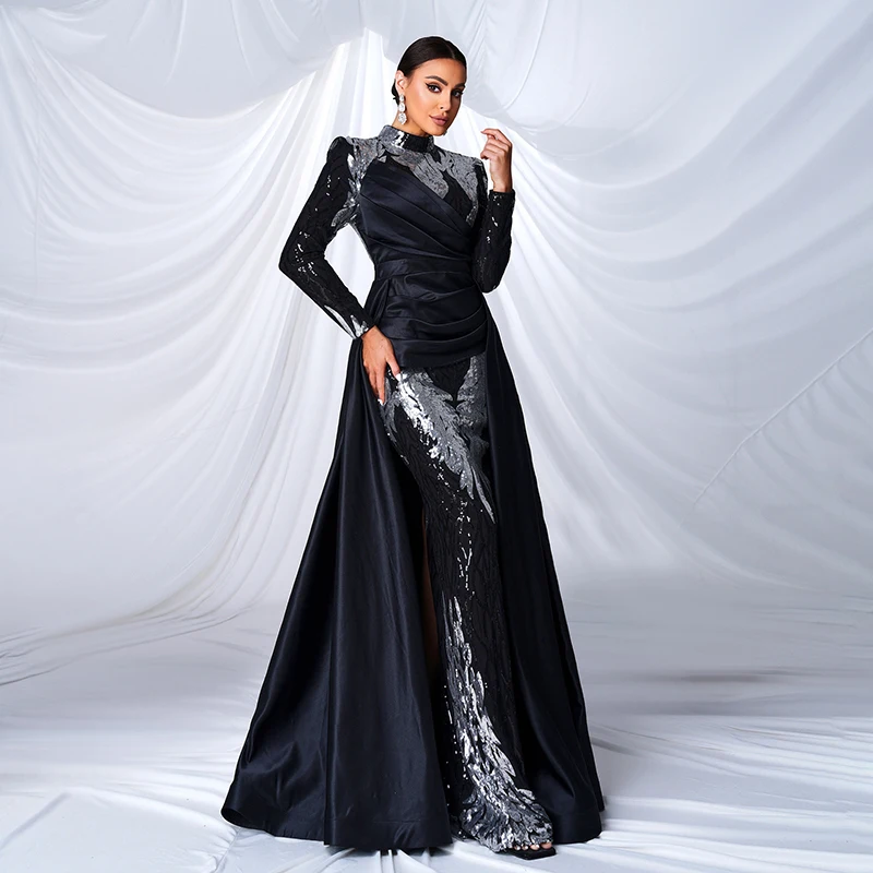 Women Performance dress Long Sleeve O Neck Black Silver Sequins Ball Gown Cocktail Prom Formal Occasion Dresses