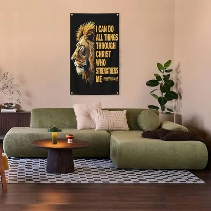 VIKAMA I Can Do All Things Through Christ Lion Wall Tapestry Black Gold King Jungle Animal Bible Verse Christian Religious Soft