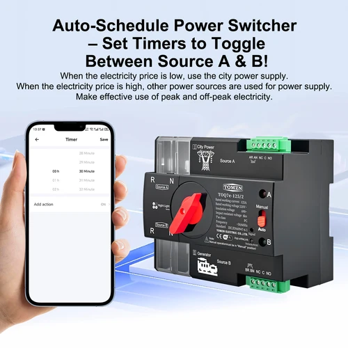 Imagen 2 del producto TOMZN Din Rail eWelink WIFI temporizador inteligente ATS 230V Doble potencia transferencia automática interruptor Selector eléctrico ininterrumpido 2P 125A