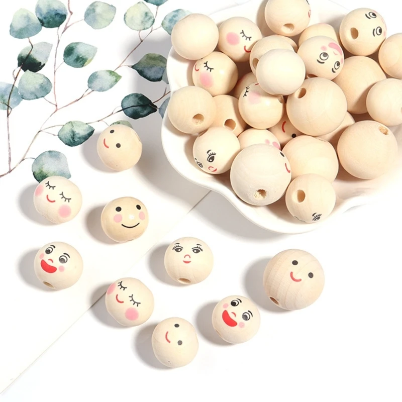 

Painting Round Natural Beads Loose Face Beads for DIY Crafts Handcraft Jewelry Making Ornament X3UD