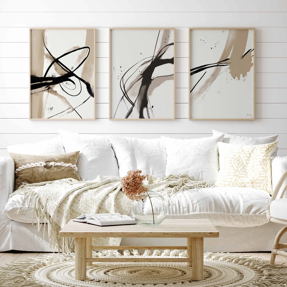 Juego de 3 Cuadros Decorativos sin Marco, Arte Moderno Minimalista, Póster Abstracto en Negro y Beige para Decoración de Pared, Estilo Rústico para Dormitorio