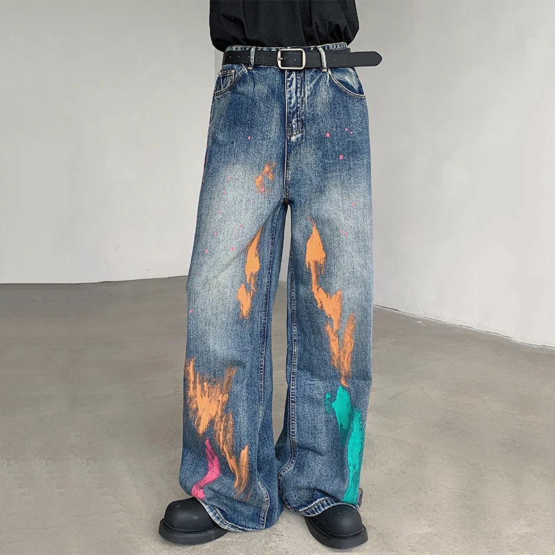 IEFB High Street Men's Denim Pants Loose Brush Painting Contrast Color Straight Wide Leg Casual Male Jeans Autumn Trend  9C6994