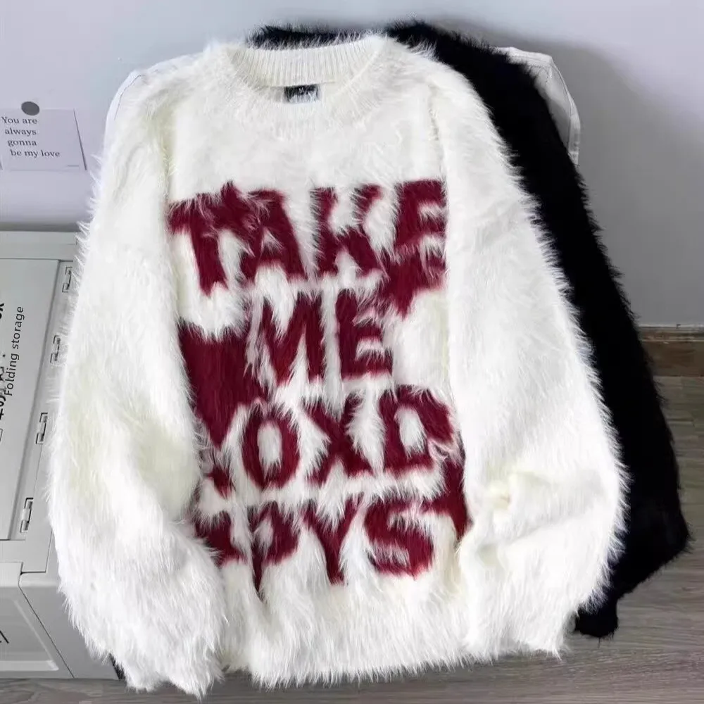 

Американский свитер с буквенным принтом и мехом кролика, ленивая пара, вязаный свитер для мужчин и женщин, осенне-зимняя свободная круглая верхняя одежда Ne