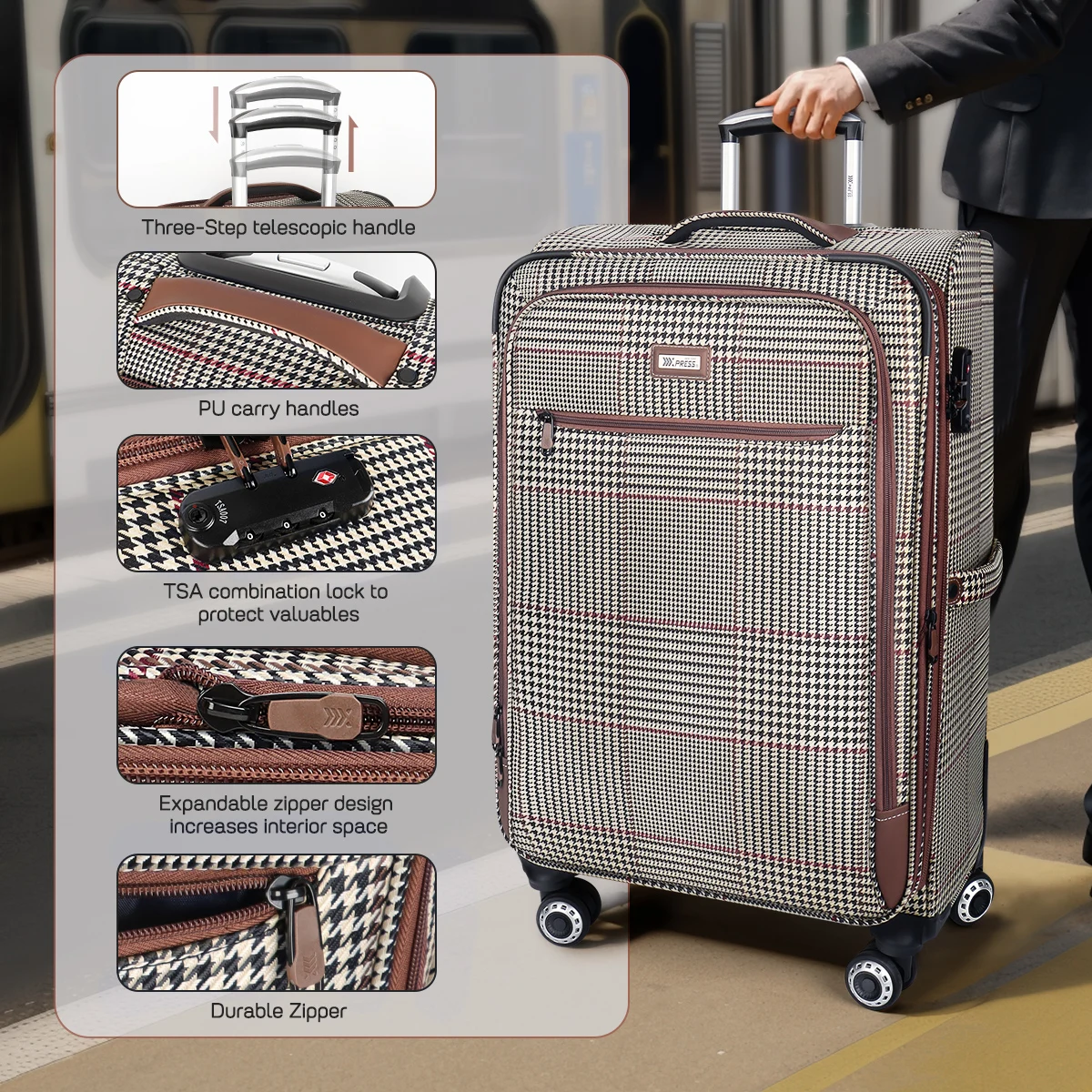Softside Luggage Expandable 4 Piece Set Suitcase with 360° Upright Spinner Softshell Lightweight Luggage Travel Set 20