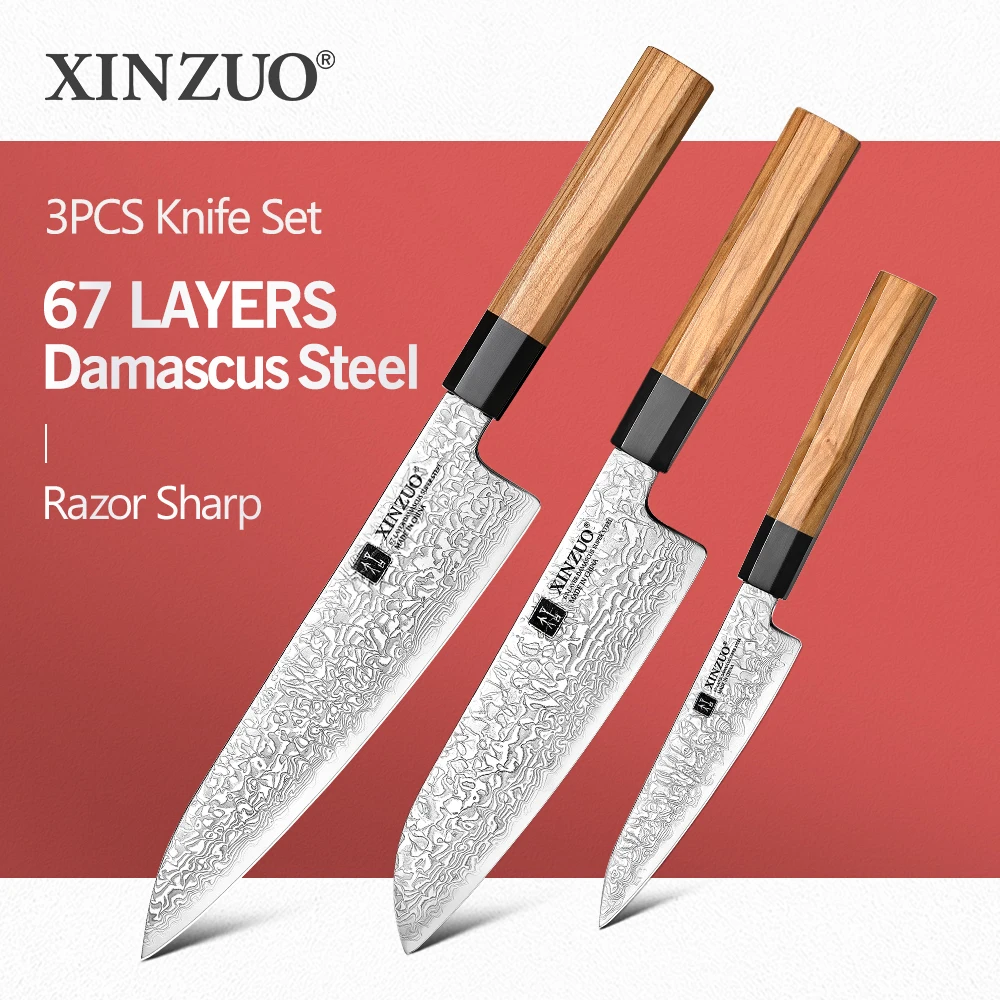 

XINZUO 3PCS Knives Sets 10Cr15CoMoV Steel Core Damascus Steel Buffalo Horn Handle Multi-purpose Kitchen Meat Cleaver Fruit Knife