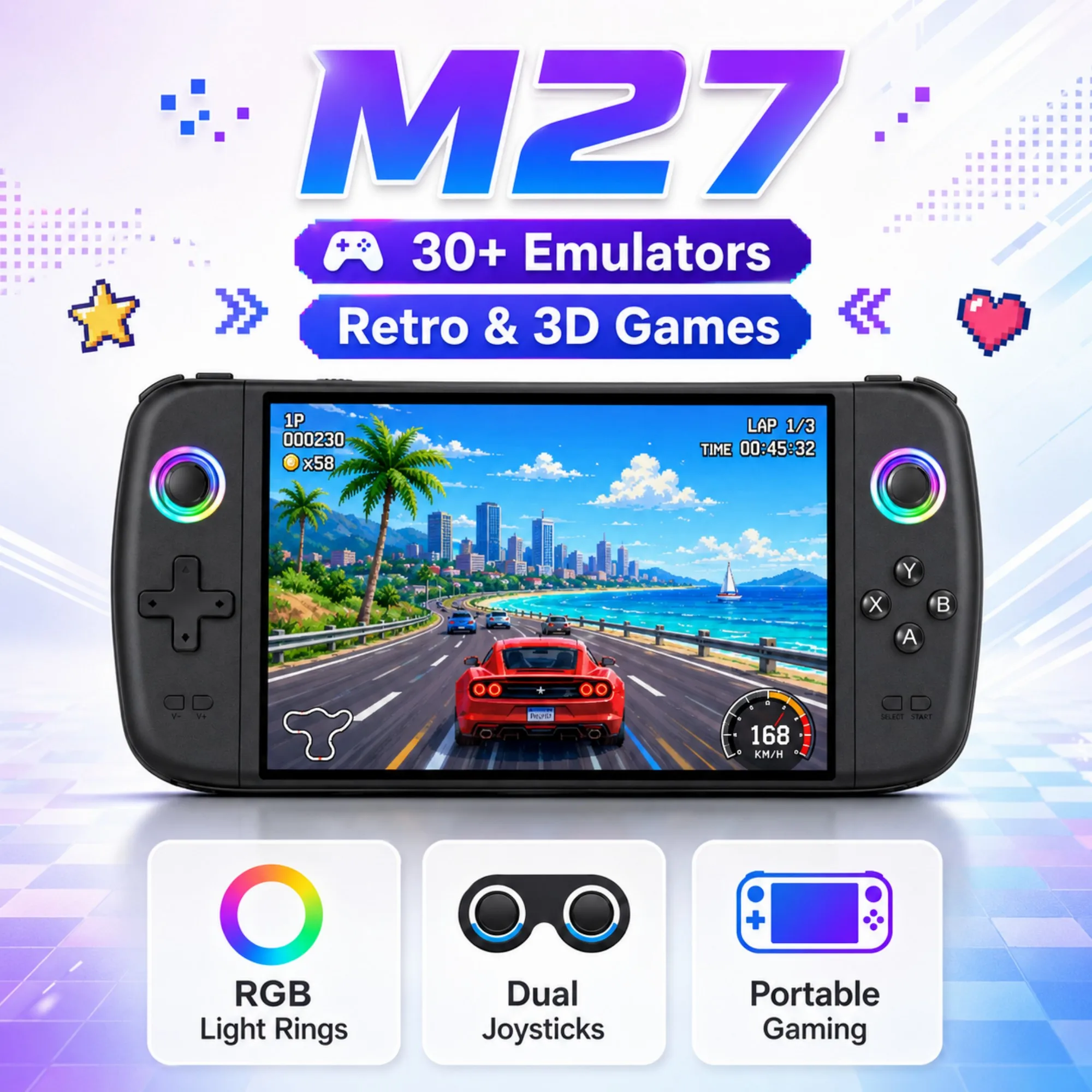 

M27 Retro Handheld Game Console 7 Inch IPS Display RGB Light Joysticks Support 30+ Emulators Portable Video Game Player Gift
