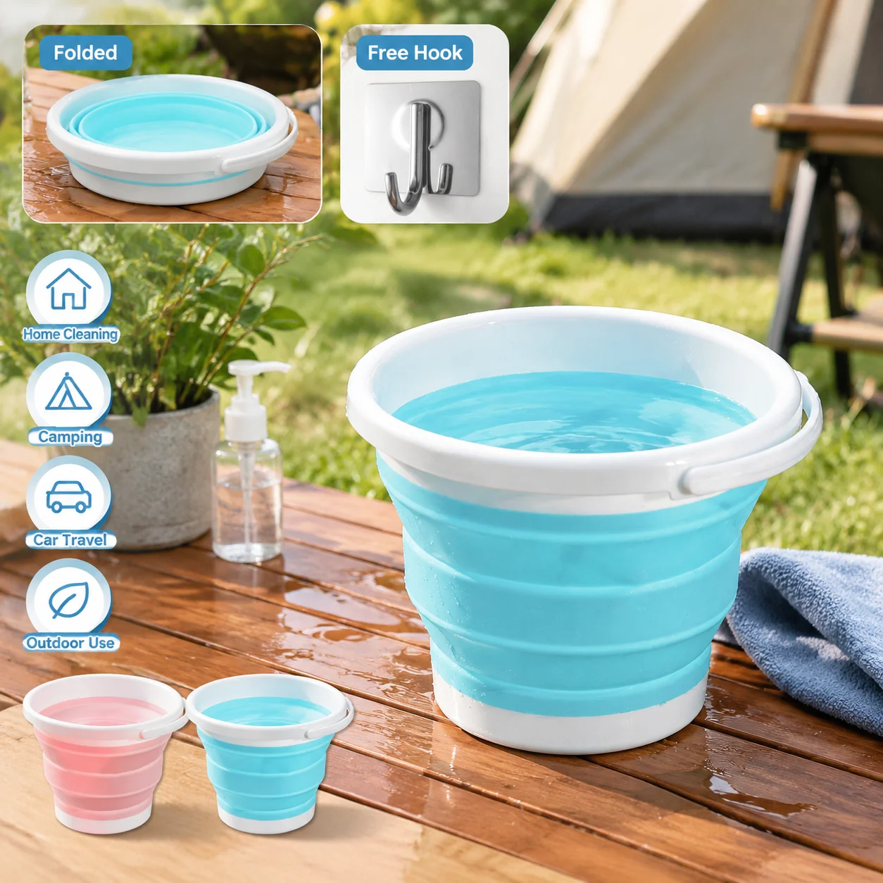 Folding Bucket Durable Space Saving Easy To Store Suitable For Car Washing Camping Fishing Traveling Outdoor With Free Hook