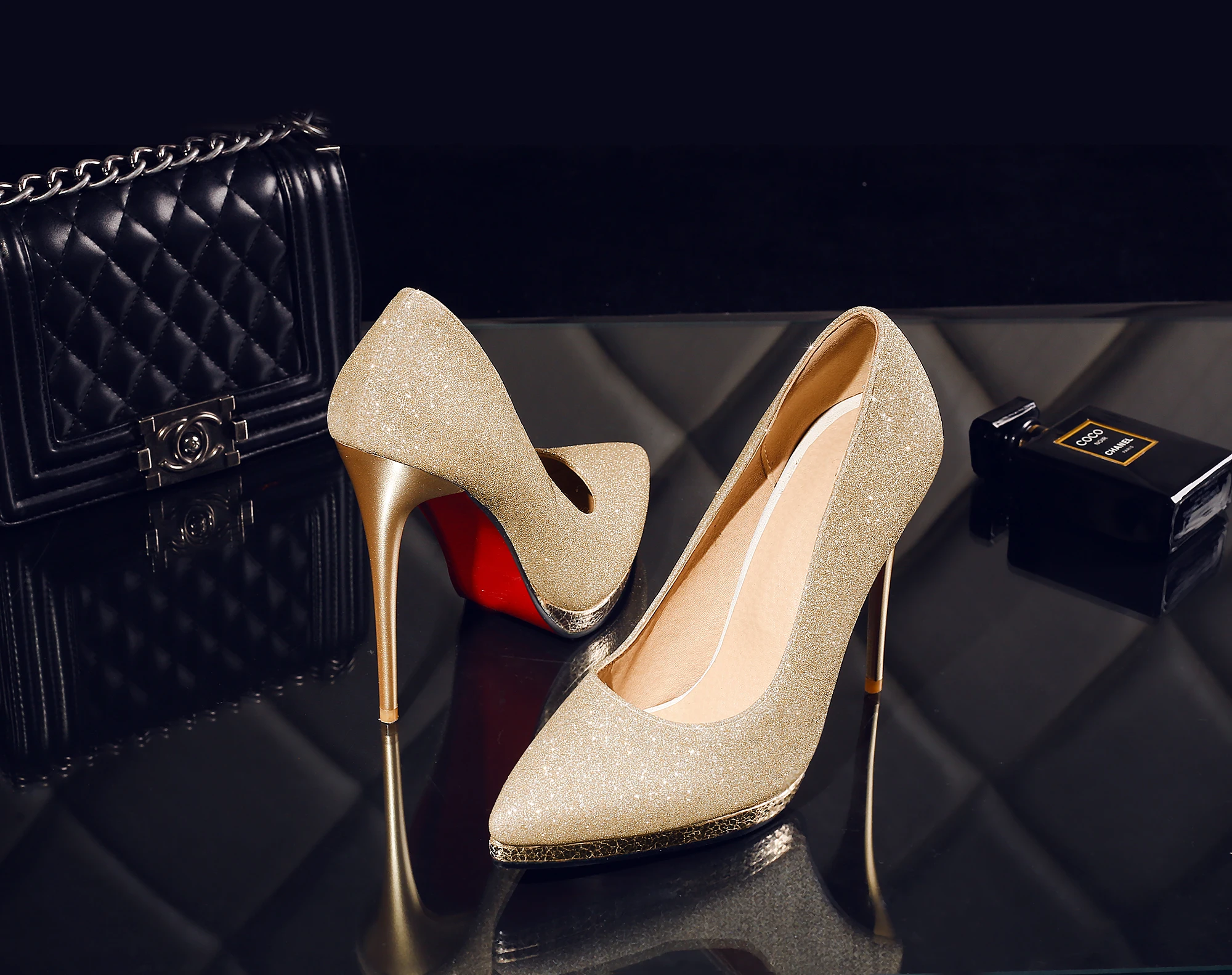 12.5cm Ultra-High Heel Pointed Toe Shallow Mouth Single Shoes with Special Metallic Pink Fabric, Breathable Pu Lining, High-Quality Rubber Sole, Metal Gold-Plated Heel, 1cm Waterproof Platform, Available in Gold, Silve