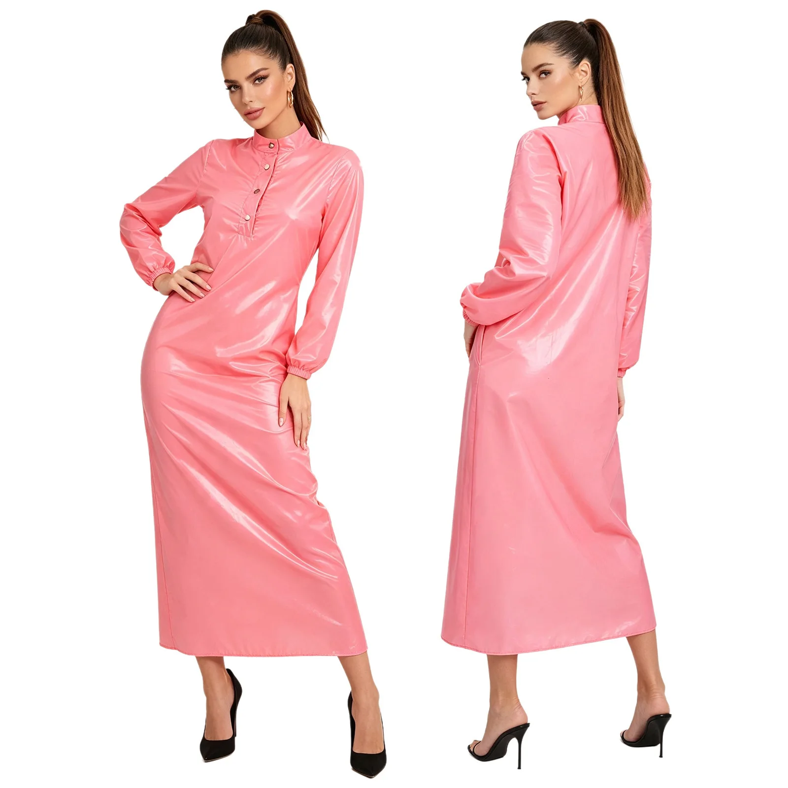 Glänzendes wasserdichtes Damenkleid mit langen Ärmeln, Knöpfen, A-Linie, Maxi-Kleid, Schlafkleid, Badeanzug-Überzug, Rave-Party, Streetwear, Clubwear
