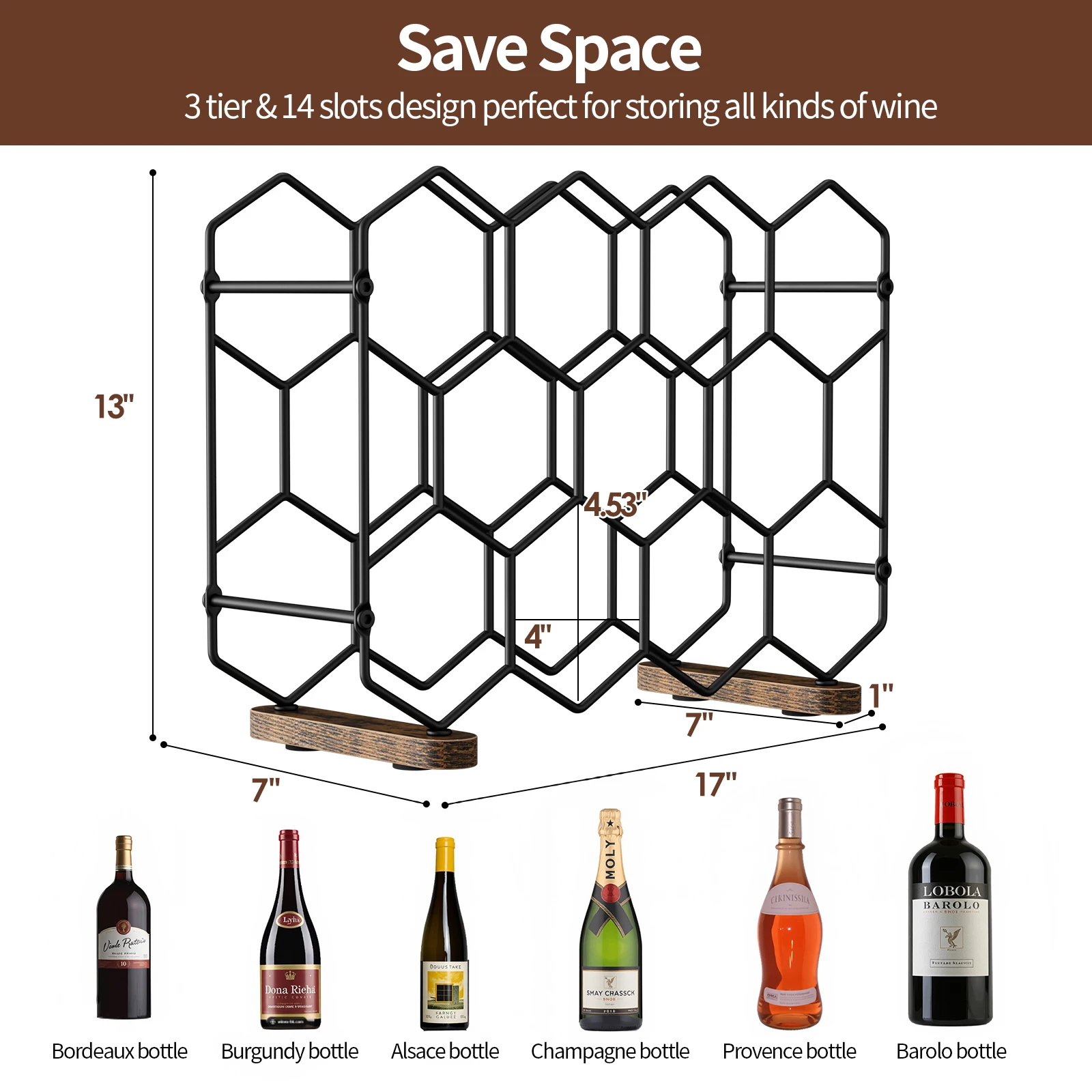 Countertop Wine Rack 14-Bottle Freestanding Modern Carbon Steel Holder Hexagonal Structure 3 Tier Tabletop Wine Bottle Organizer
