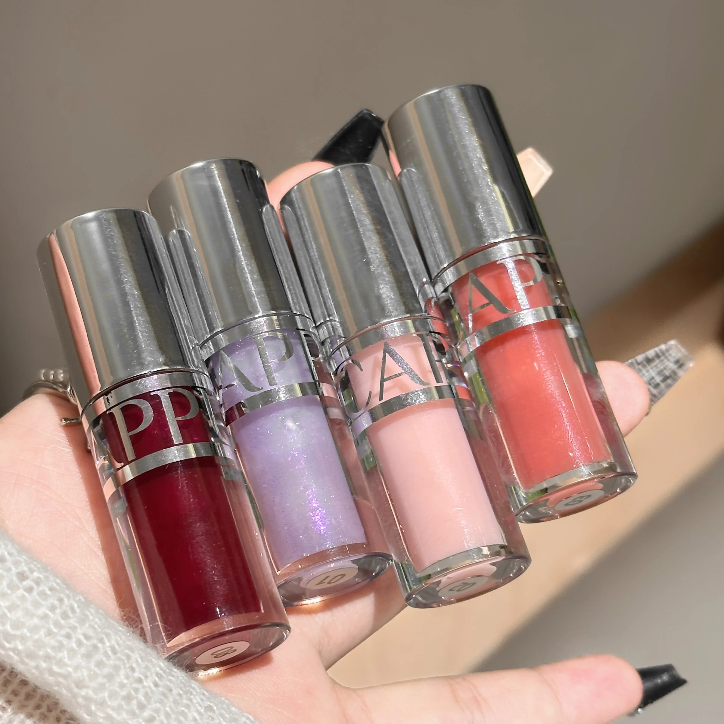 ピーチピンクの保湿リップグロス、微細な輝きで長持ち、べたつかないジェリーリッププランパー、韓国風メイク