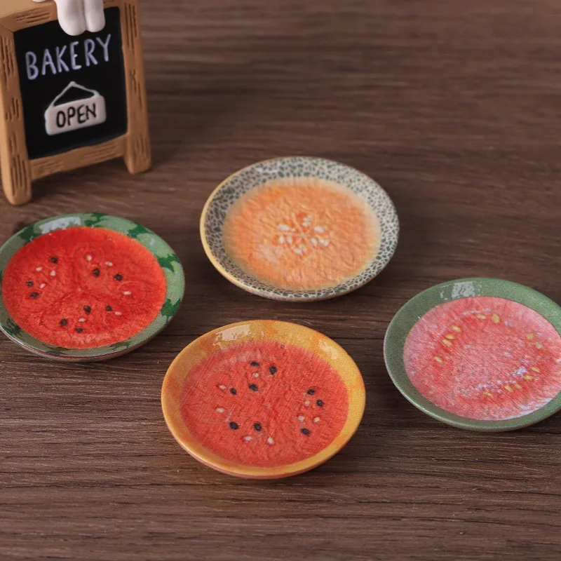 2pcs Mini Watermelon Cantaloupe Fruit Plate DIY Resin Charms Fridge Sticker Miniature Craft Supplies