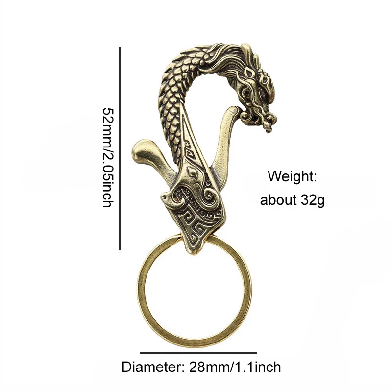 Vintage Brass Zodiac Dragon Head Keychain Antique Copper Dragon Carabiners Key Chains Men Waist Buckle Car Keys Holder Gifts