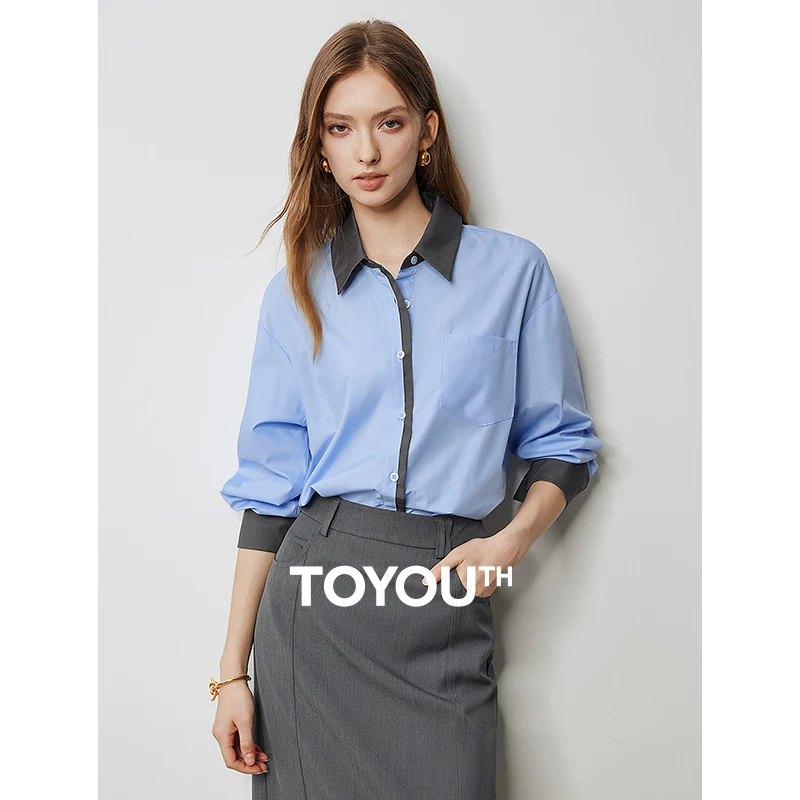 TOYOUTH Women Shirts 2024 Autumn New Long Sleeve Polo Neck Loose Blouse Color Blocking Splicing French Elegant Three Colors Tops