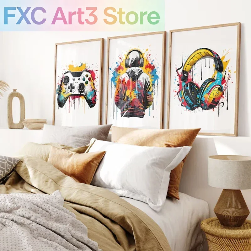 Frameless,Set of 3 Gaming Prints Poster Gamer Decor Wall Art Posters Teen Room Print Boys Bedroom Living Room Decoration Ideal G